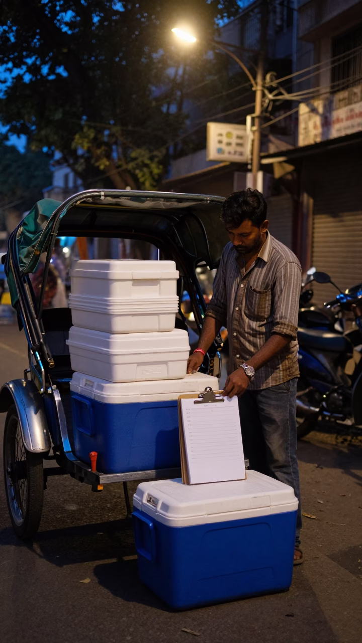 Mumbai street vendor predawn darkness cold chain logistics cooler crates in in Mumbai, India