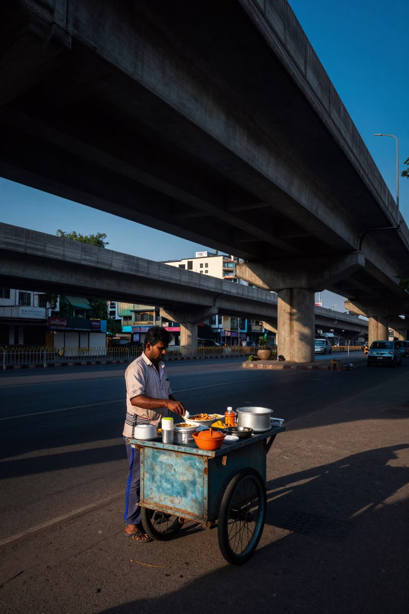 Mumbai street vendor preparing breakfast under flyover shadows before sunrise in in Mumbai, India