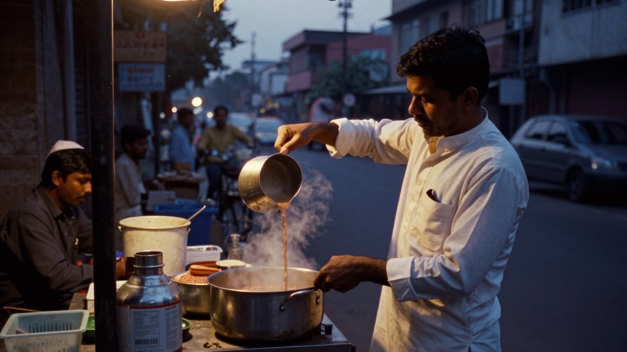 Mumbai street vendor preparing chai before dawn in India in in Mumbai, India