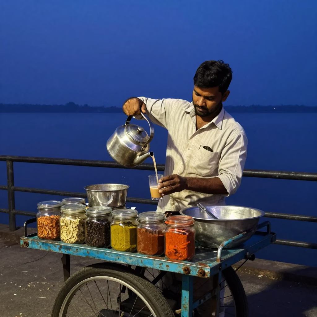 Mumbai street vendor preparing masala chai with spice jars before sunrise in in Mumbai, India