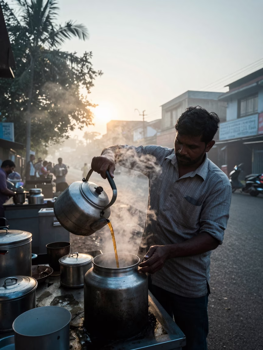Mumbai Street Vendor Preparing Tea Before Sunrise with Steam and Colorful Street Life in in Mumbai, India