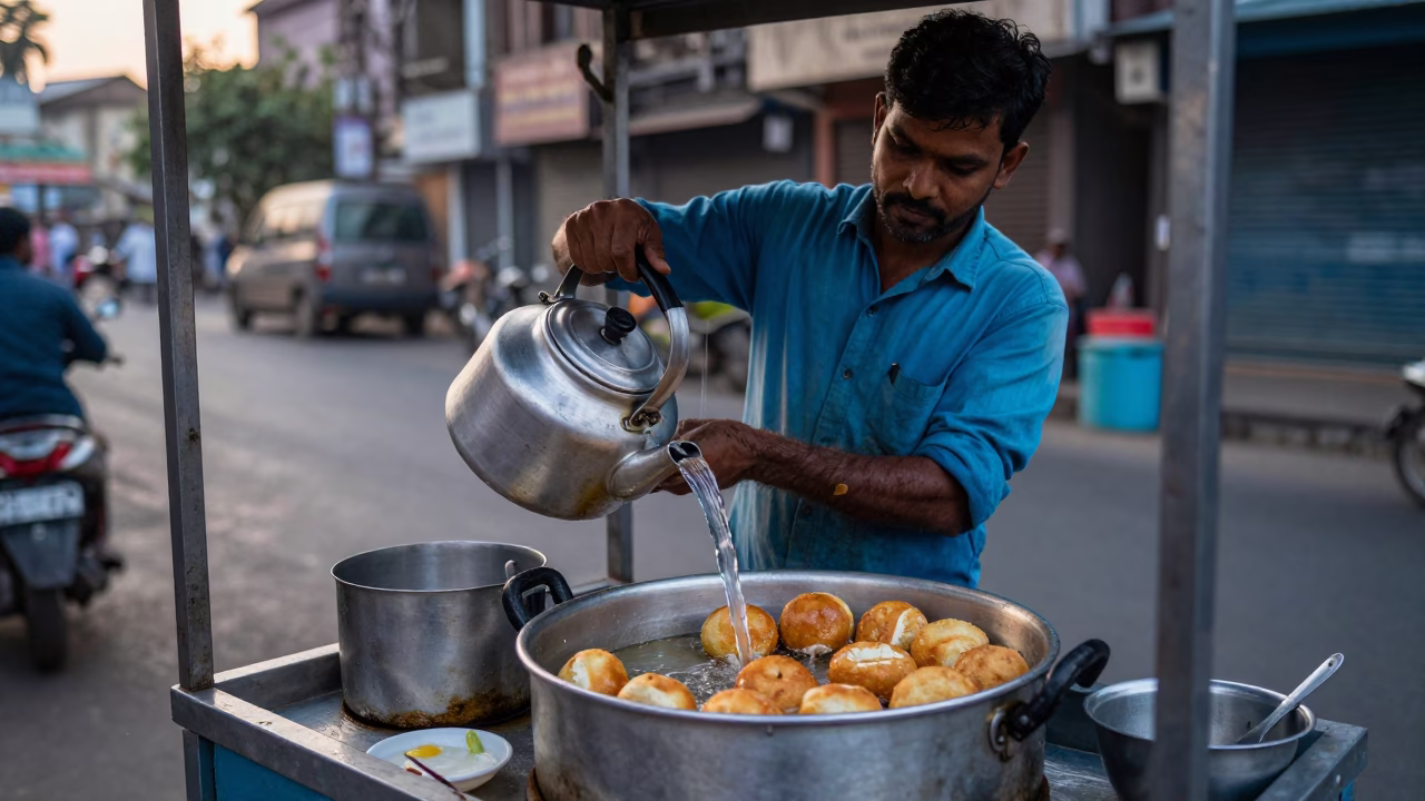 Mumbai Street Vendor Preparing Vada Pav at Dawn with Kettle and Condiments in in Mumbai, India