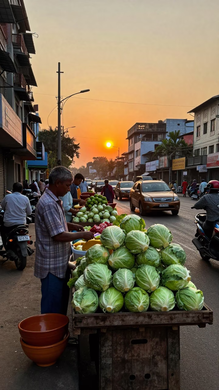 Mumbai street vendor selling cabbages and ceramic bowls near sea fog at sunset in in Mumbai, India