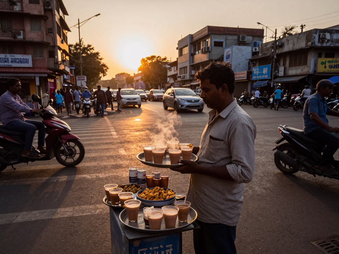 Mumbai street vendor selling chai and snacks at sunset with passing traffic in in Mumbai, India