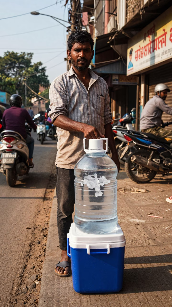 Mumbai Street Vendor Selling Cooler Jug Water in Clear Late Afternoon Light in in Mumbai, India