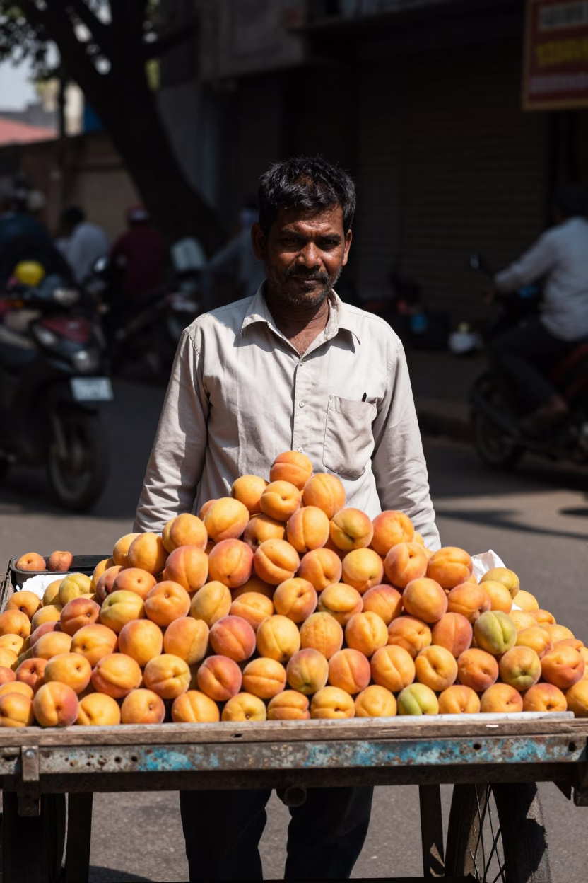 Mumbai street vendor selling fresh apricots under bright noon sun in in Mumbai, India