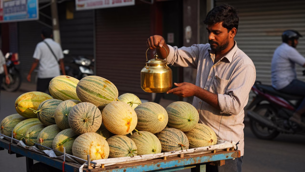 Mumbai street vendor selling fresh melons in honeyed evening light with brass kettle in in Mumbai, India