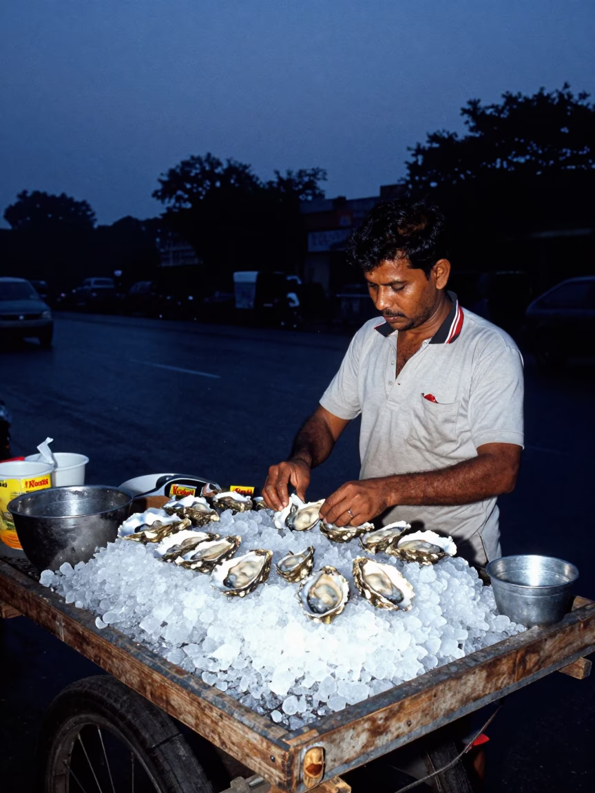 Mumbai street vendor selling fresh oysters on crushed ice under indigo twilight sky in in Mumbai, India