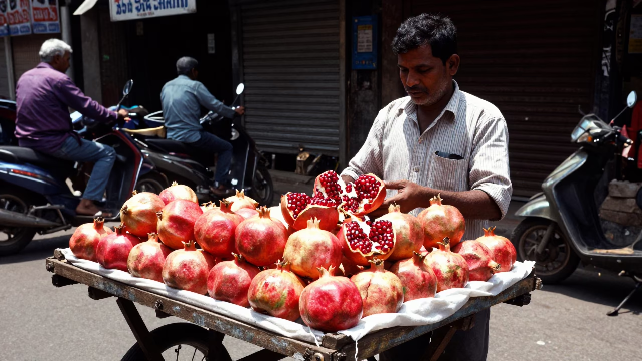 Mumbai Street Vendor Selling Fresh Pomegranates Under Bright Midmorning Sunlight in in Mumbai, India