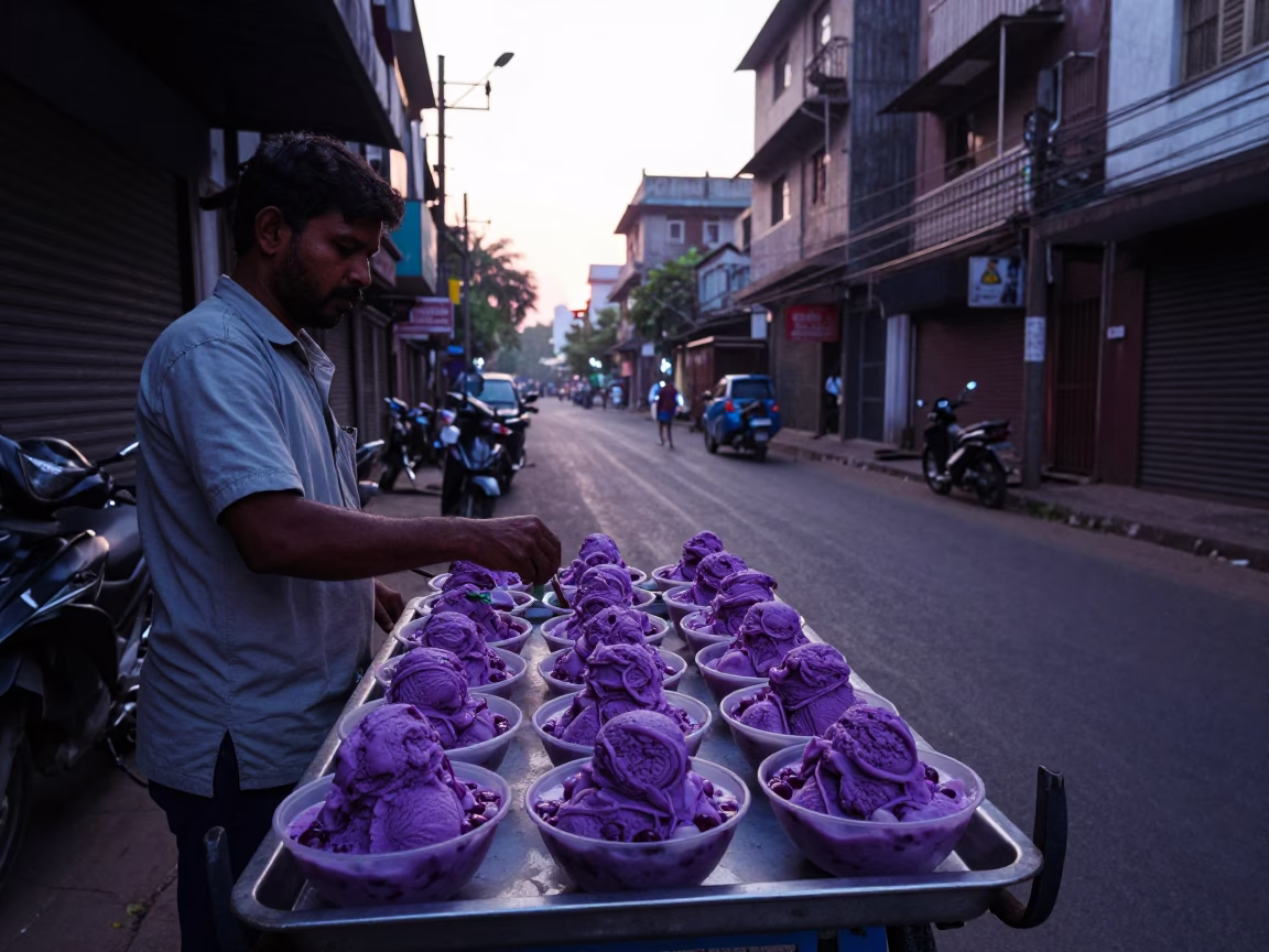 Mumbai Street Vendor Selling Halwa Before Sunrise with Purple Yam Ice Cream in in Mumbai, India