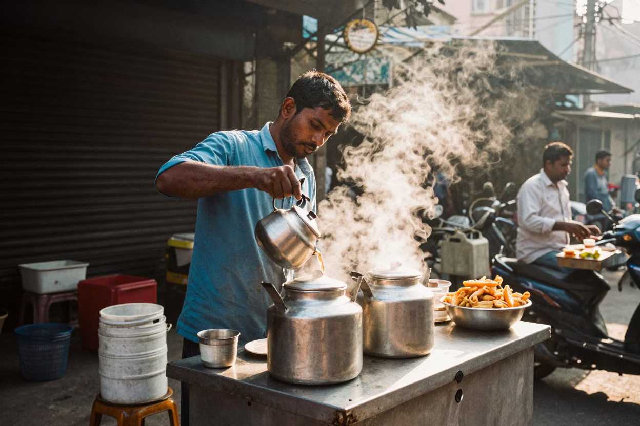 Mumbai Street Vendor Selling Hot Tea and Snacks Just After Sunrise in India in in Mumbai, India
