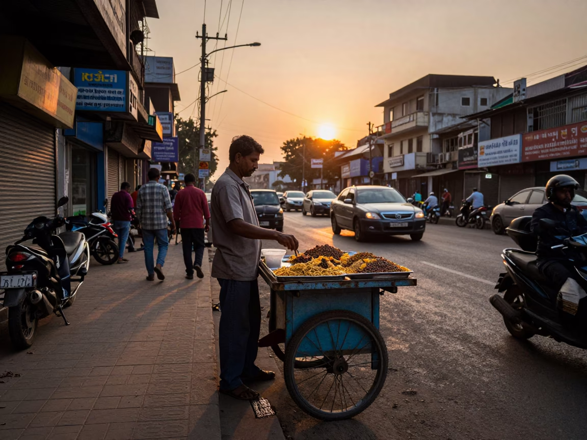 Mumbai Street Vendor Selling Koshari with Lentils and Noodles at Sunset in in Mumbai, India