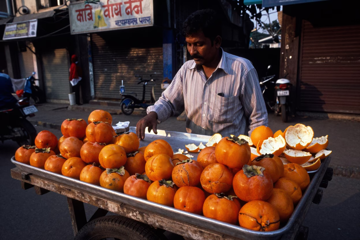 Mumbai Street Vendor Selling Persimmons and Orange Peels in Early Evening Light in in Mumbai, India