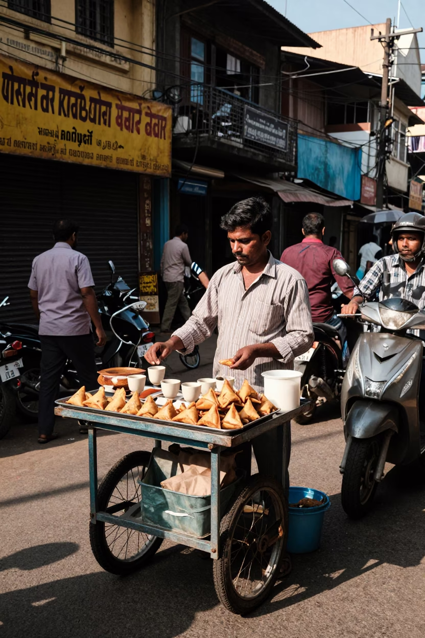 Mumbai Street Vendor Selling Sambusa and Tea in Early Afternoon Sunlight in in Mumbai, India