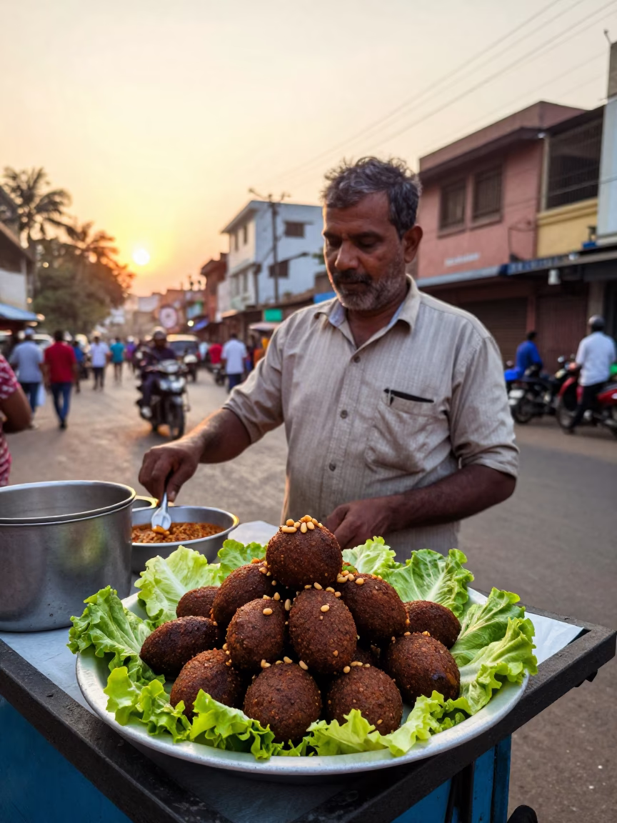 Mumbai Street Vendor Selling Spicy Kibbeh and Lettuce Wraps During Golden Hour Sunset in in Mumbai, India