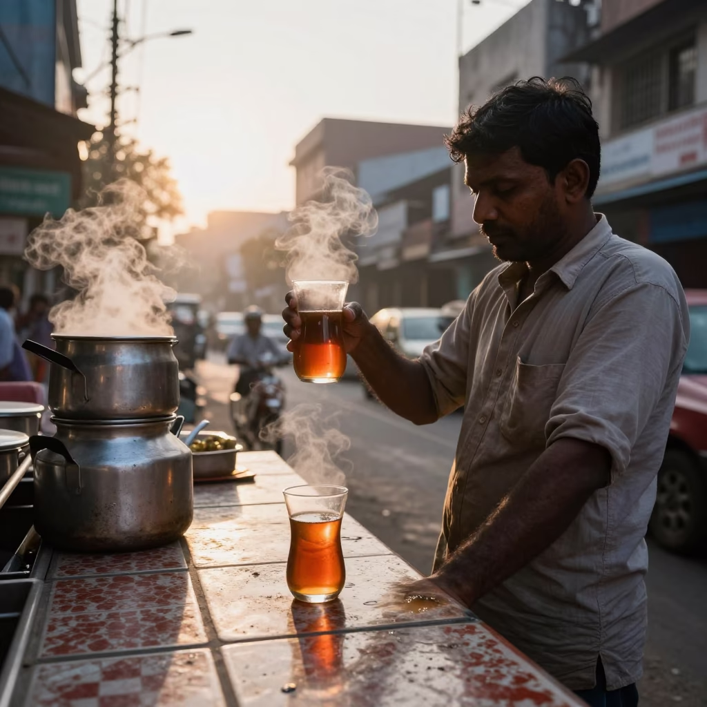 Mumbai Street Vendor Selling Tea After Sunrise with Glass Carafe and Stained Bucket in in Mumbai, India