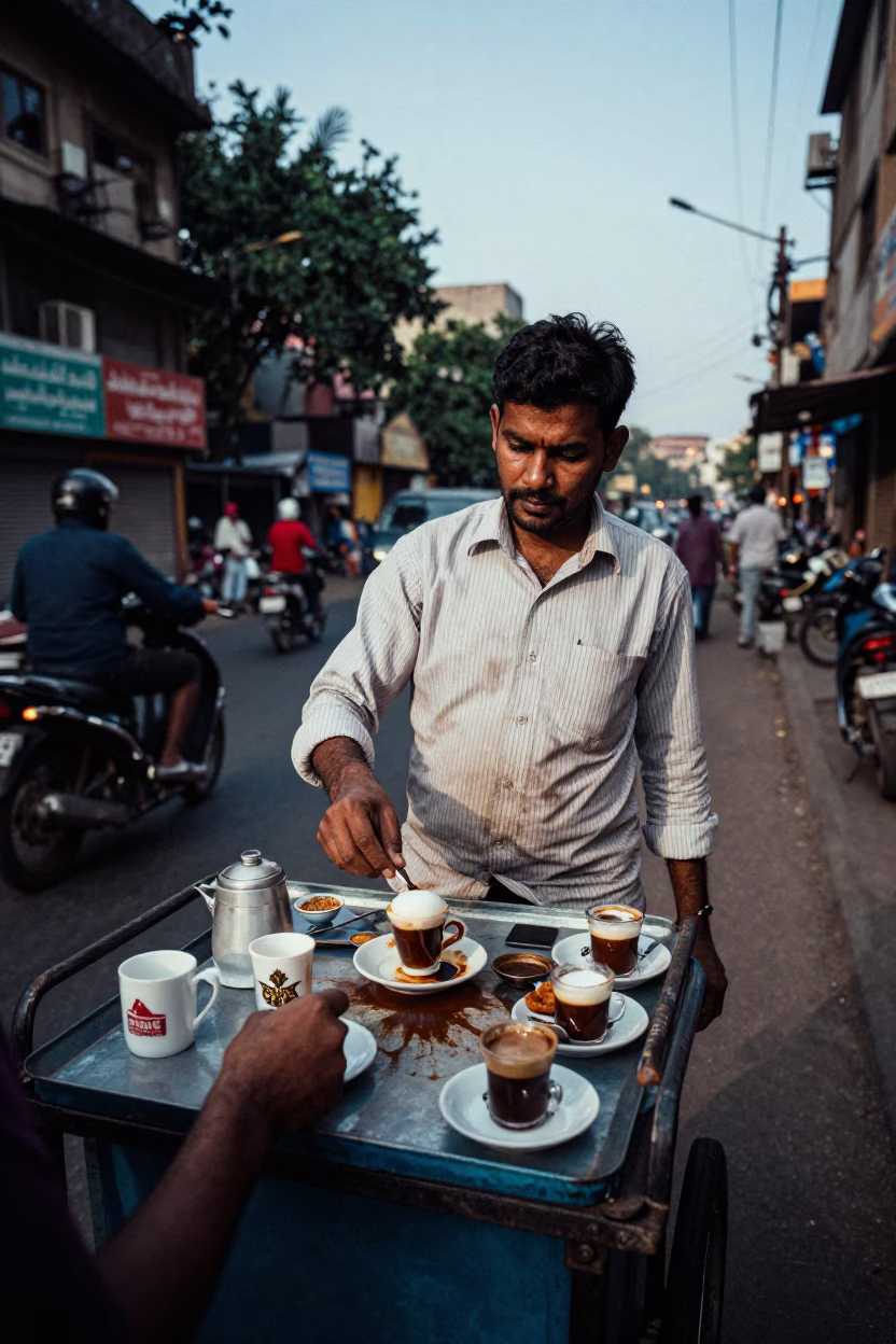 Mumbai Street Vendor Selling Turkish Coffee and Tea Stains in Early Evening Light in in Mumbai, India