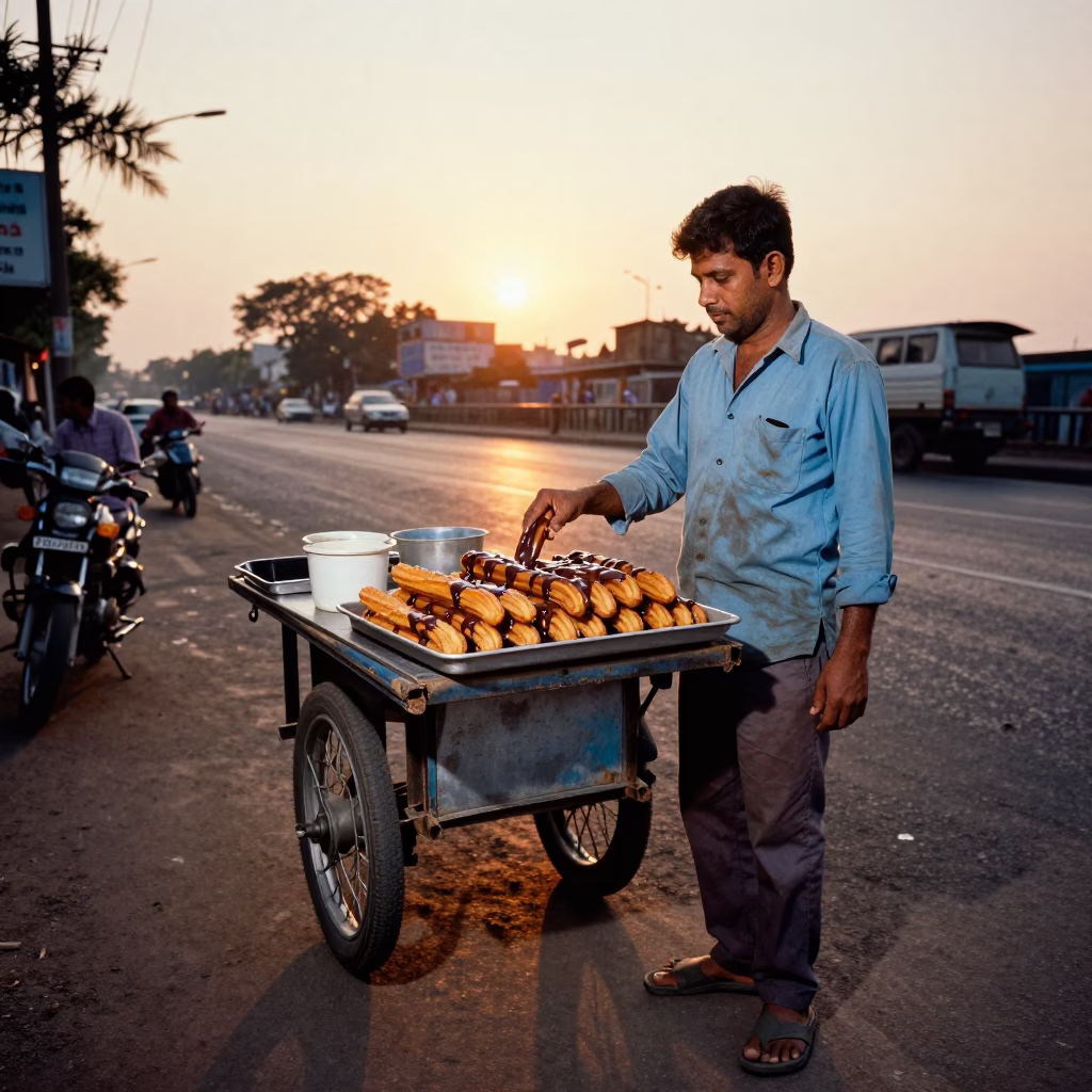 Mumbai street vendor selling warm churros with chocolate sauce at sunset in in Mumbai, India