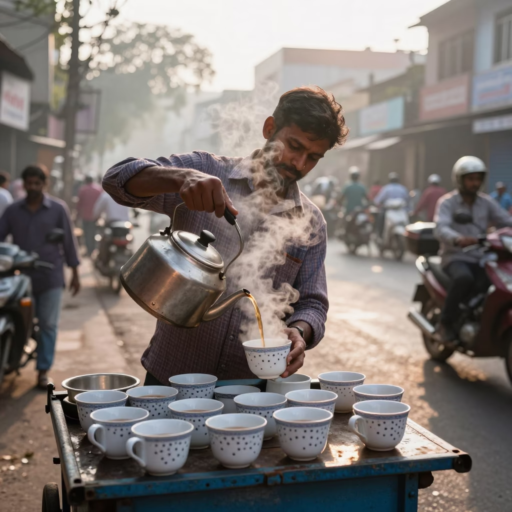 Mumbai Street Vendor Serves Hot Tea with Ceramic Cups After Sunrise in in Mumbai, India