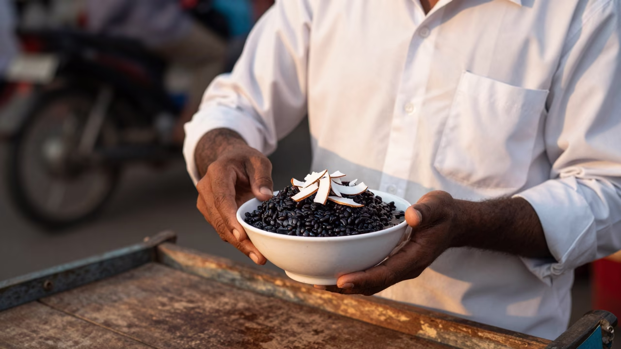 Mumbai Street Vendor Serving Bubur Ketan Hitam Coconut Dessert in Honeyed Evening Light in in Mumbai, India