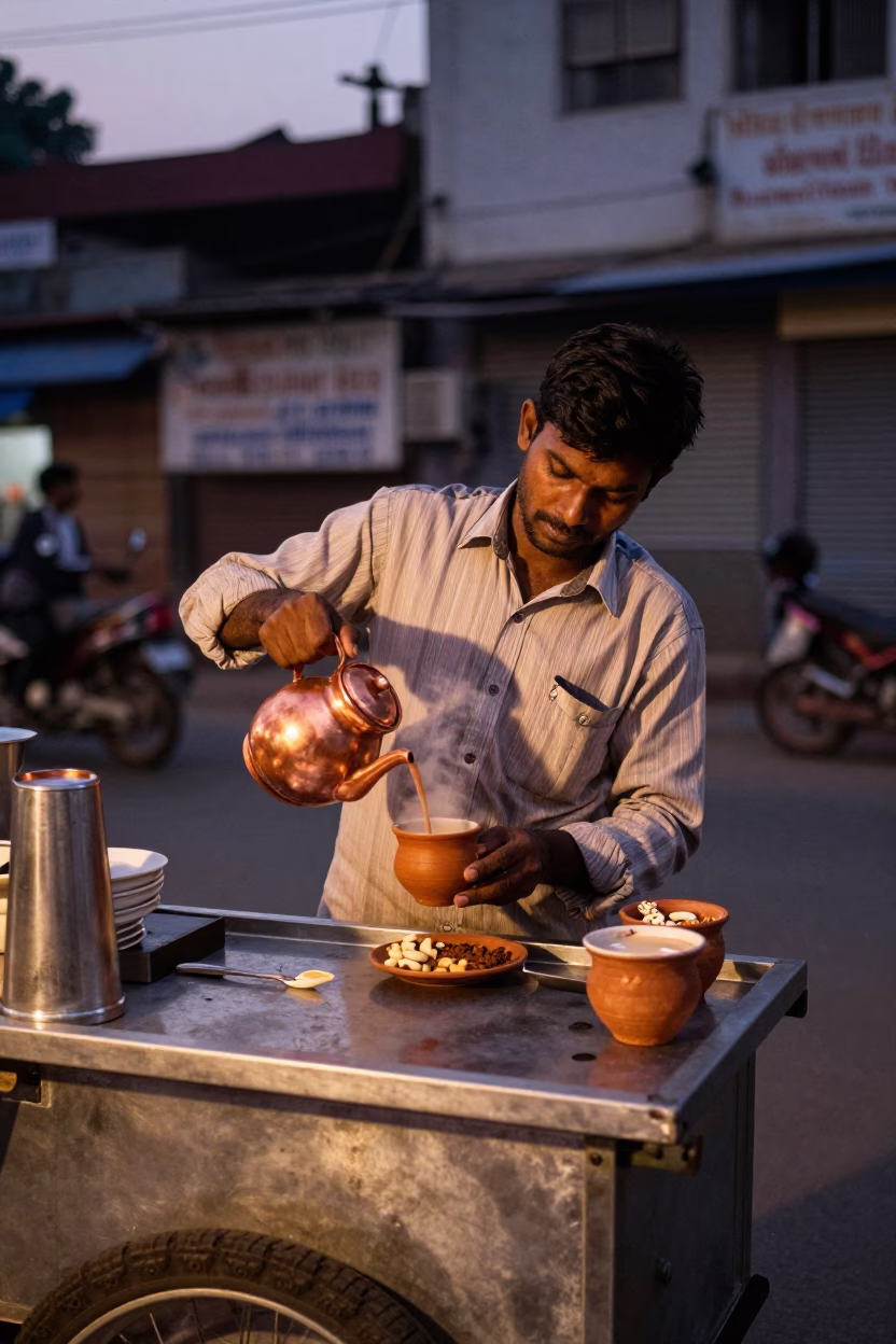 Mumbai Street Vendor Serving Chai and Snacks Under Copper Toned Evening Light in in Mumbai, India