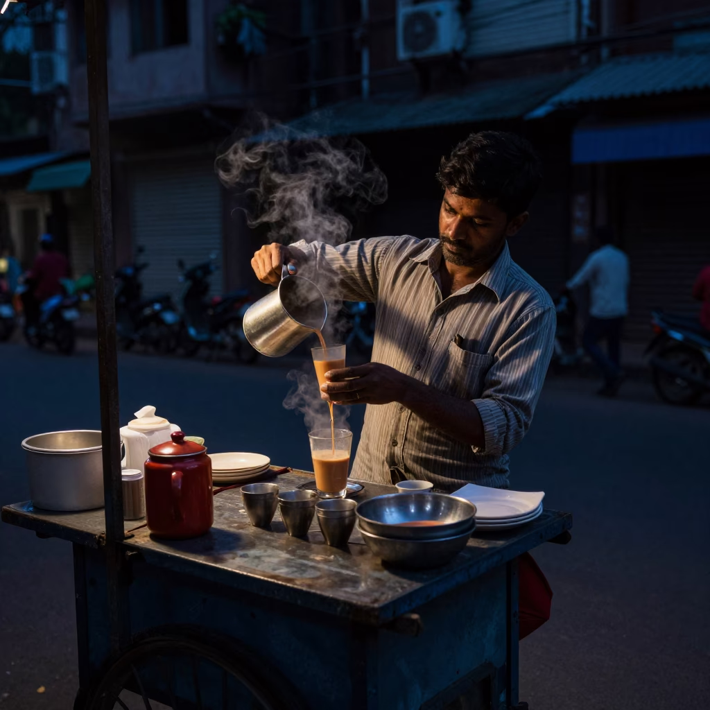 Mumbai Street Vendor Serving Chai and Tiffin in Predawn Darkness with City Lights in in Mumbai, India