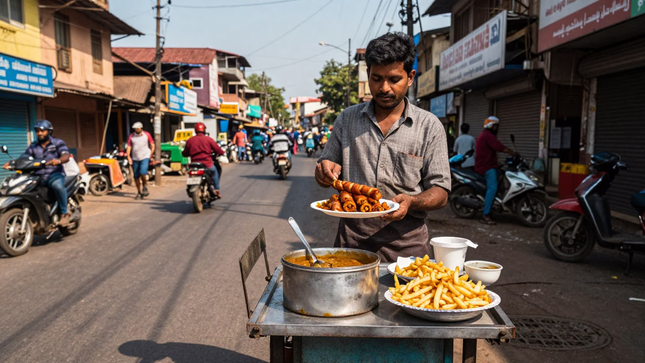 Mumbai street vendor serving currywurst and fries under clear late afternoon light in India in in Mumbai, India