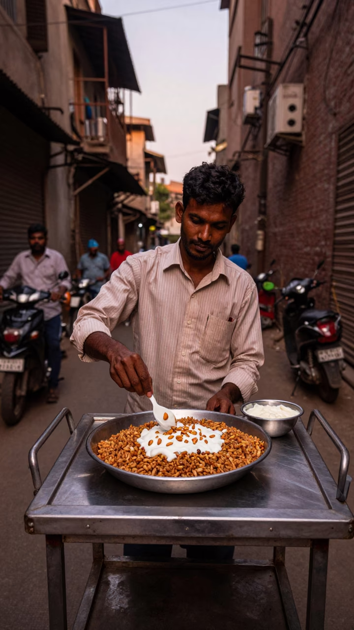 Mumbai Street Vendor Serving Fatteh with Yogurt and Pine Nuts in Copper Evening Light in in Mumbai, India