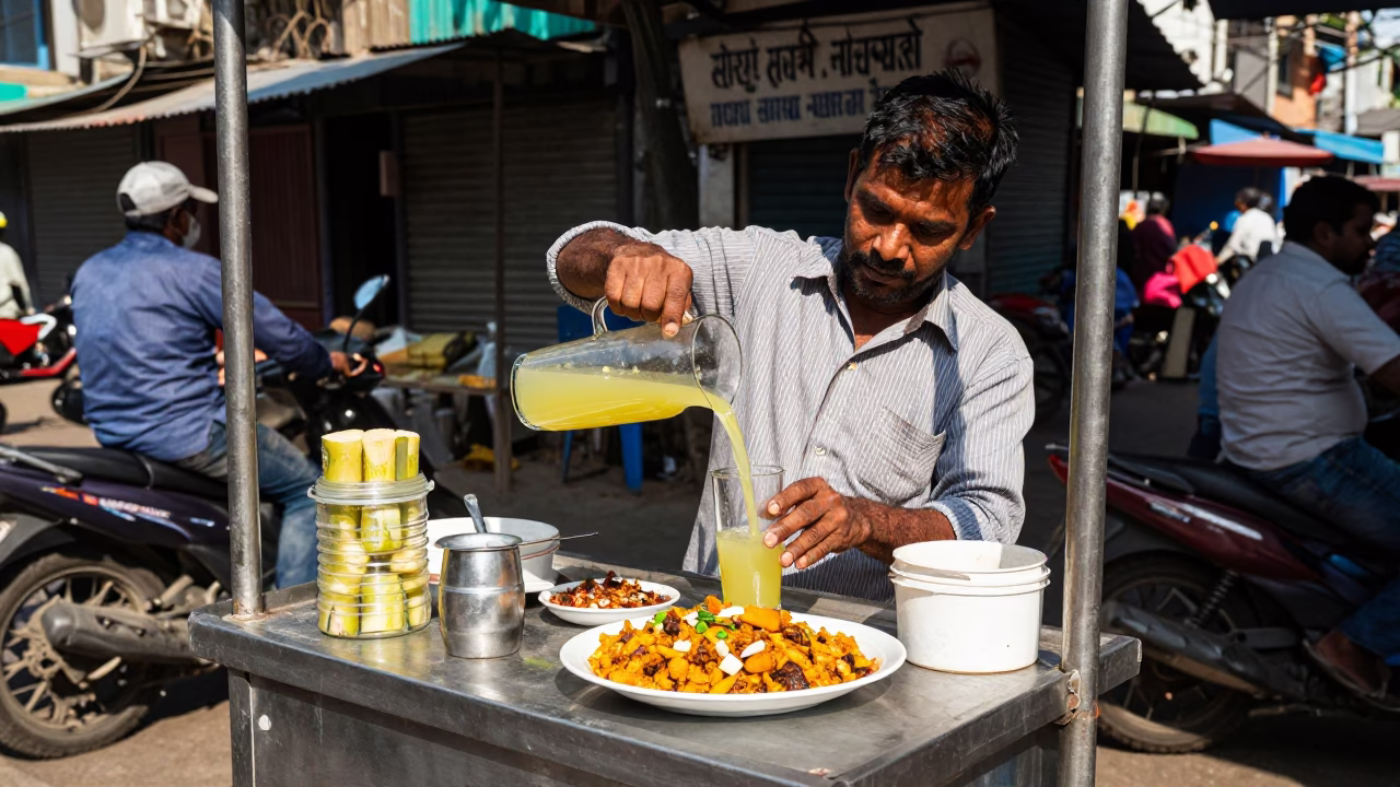 Mumbai Street Vendor Serving Fresh Sugarcane Juice and Koshari Plate at Midday in in Mumbai, India