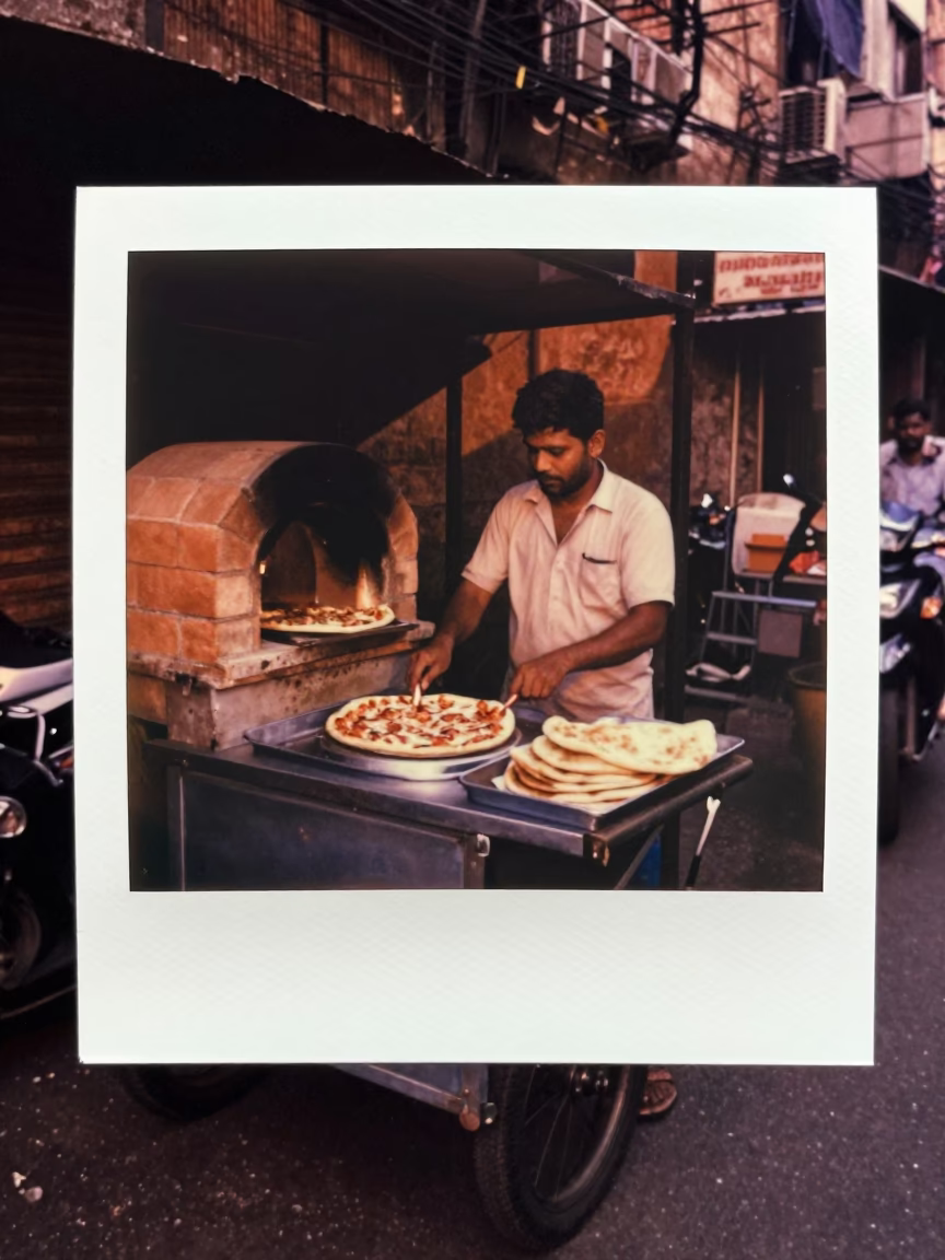Mumbai street vendor serving hot flatbread in copper dusk light with small dog nearby in in Mumbai, India