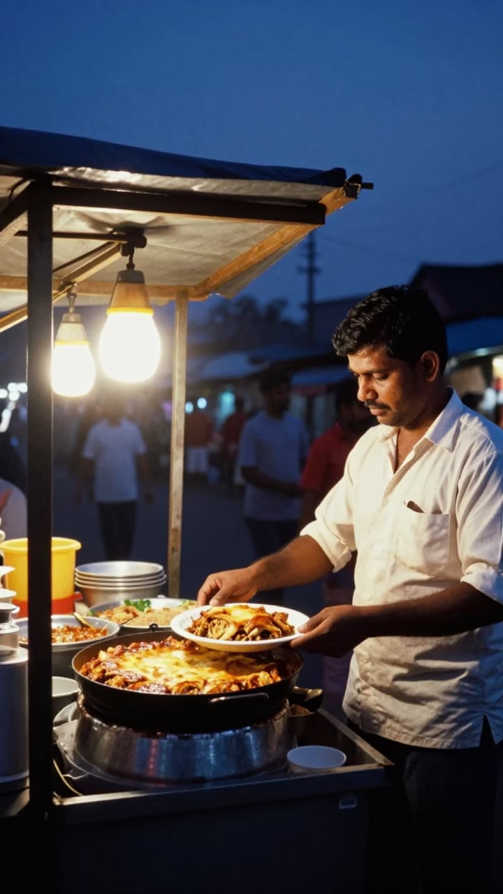 Mumbai street vendor serving hot plates of moussaka during indigo twilight in in Mumbai, India
