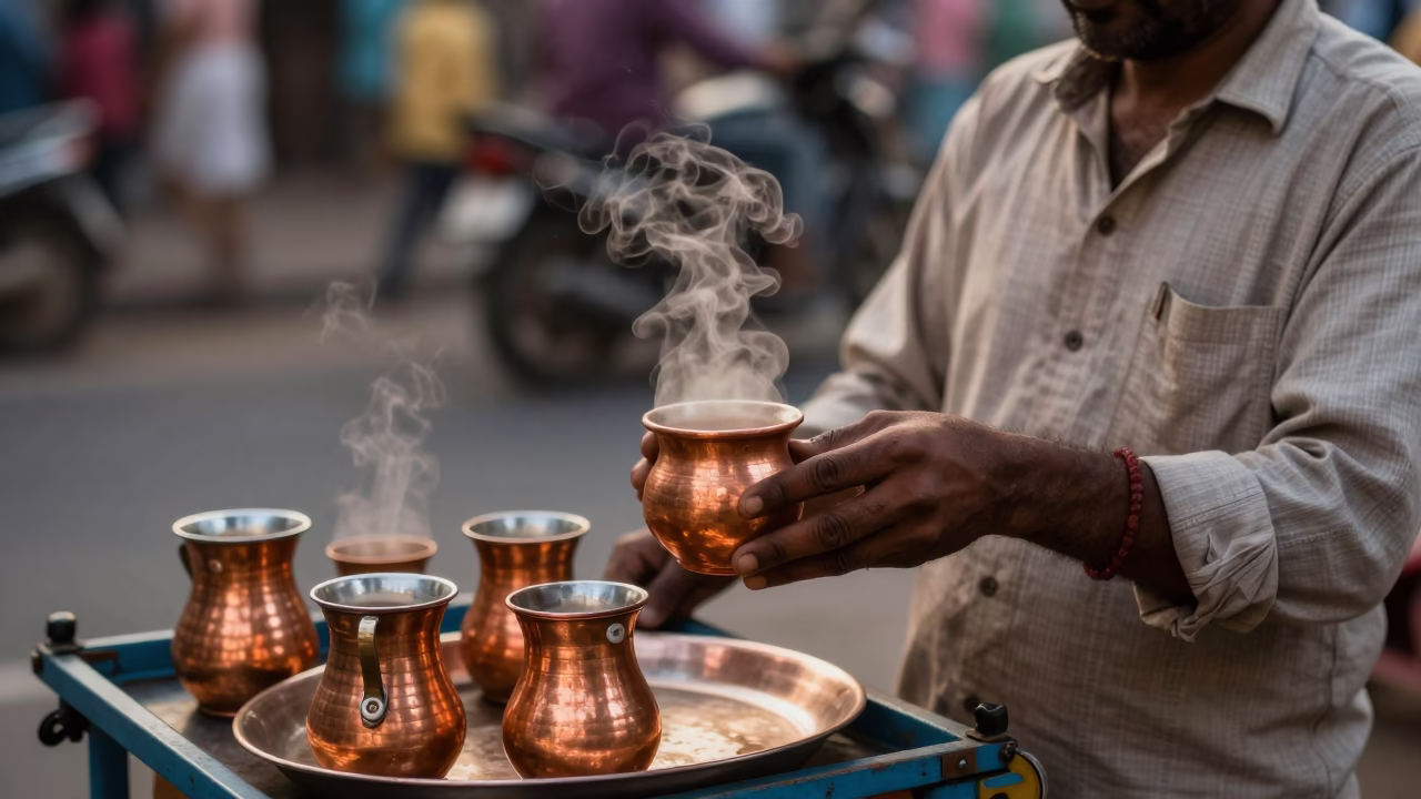 Mumbai Street Vendor Serving Steaming Masala Chai in Copper Light Before Dusk in in Mumbai, India