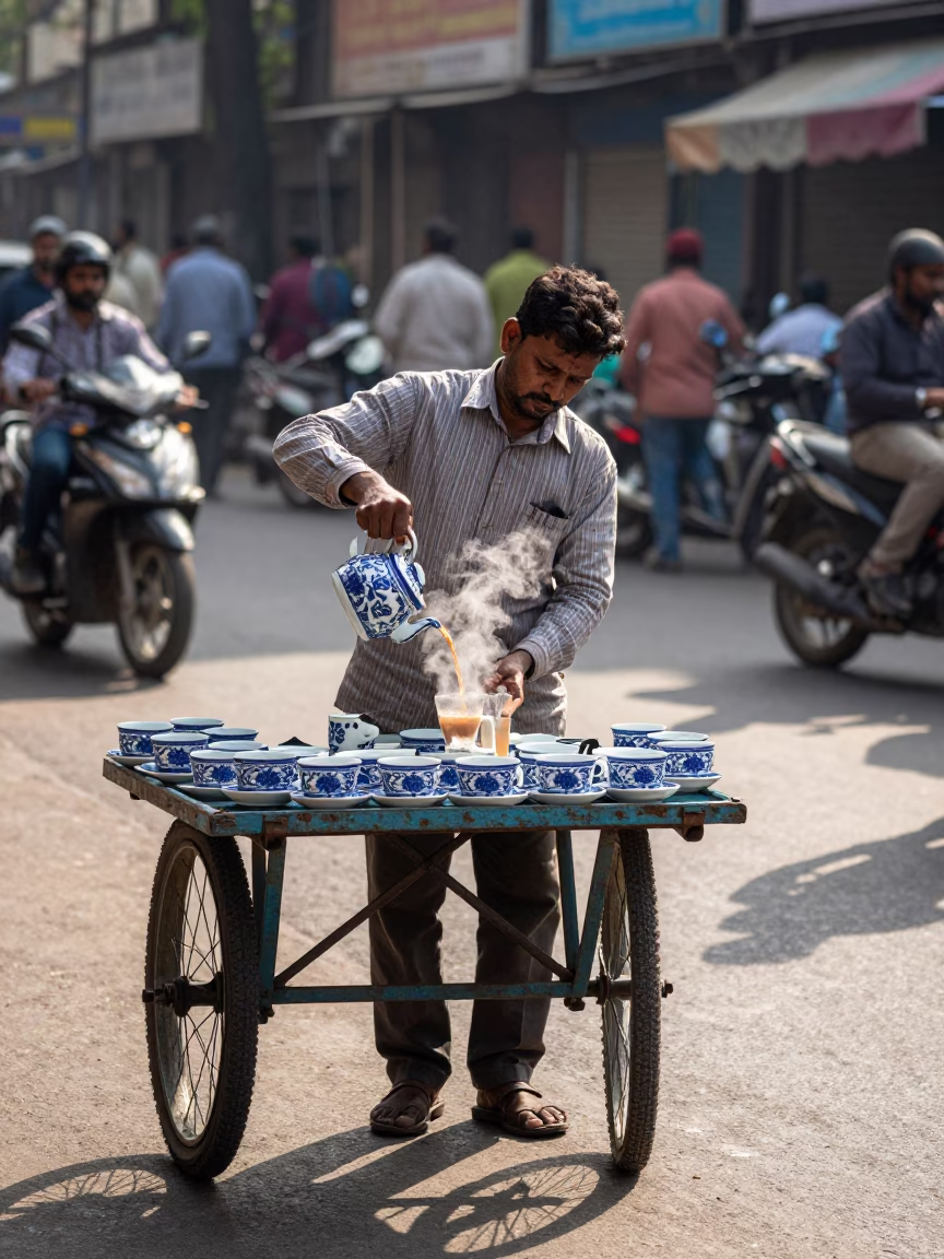 Mumbai Street Vendor Serving Tea with Blue Floral Porcelain Cups in Late Afternoon Sunlight in in Mumbai, India