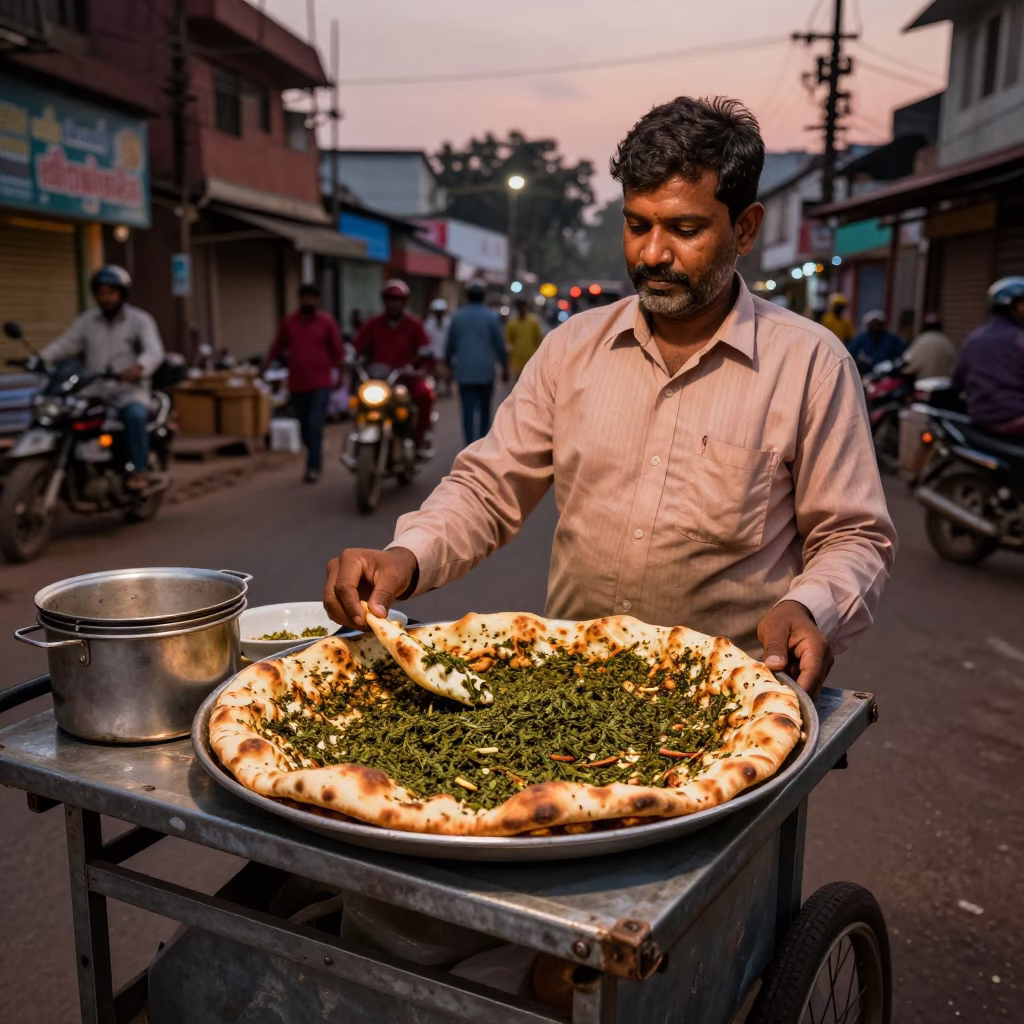 Mumbai Street Vendor Serving Zaatar Manakeesh in Copper Dusk Light Before Sunset in in Mumbai, India