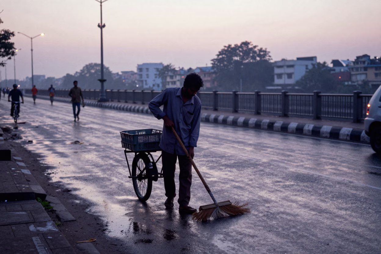 Mumbai street vendor sweeping dawn pavement near bridge pier with hand broom and flowerpot in in Mumbai, India