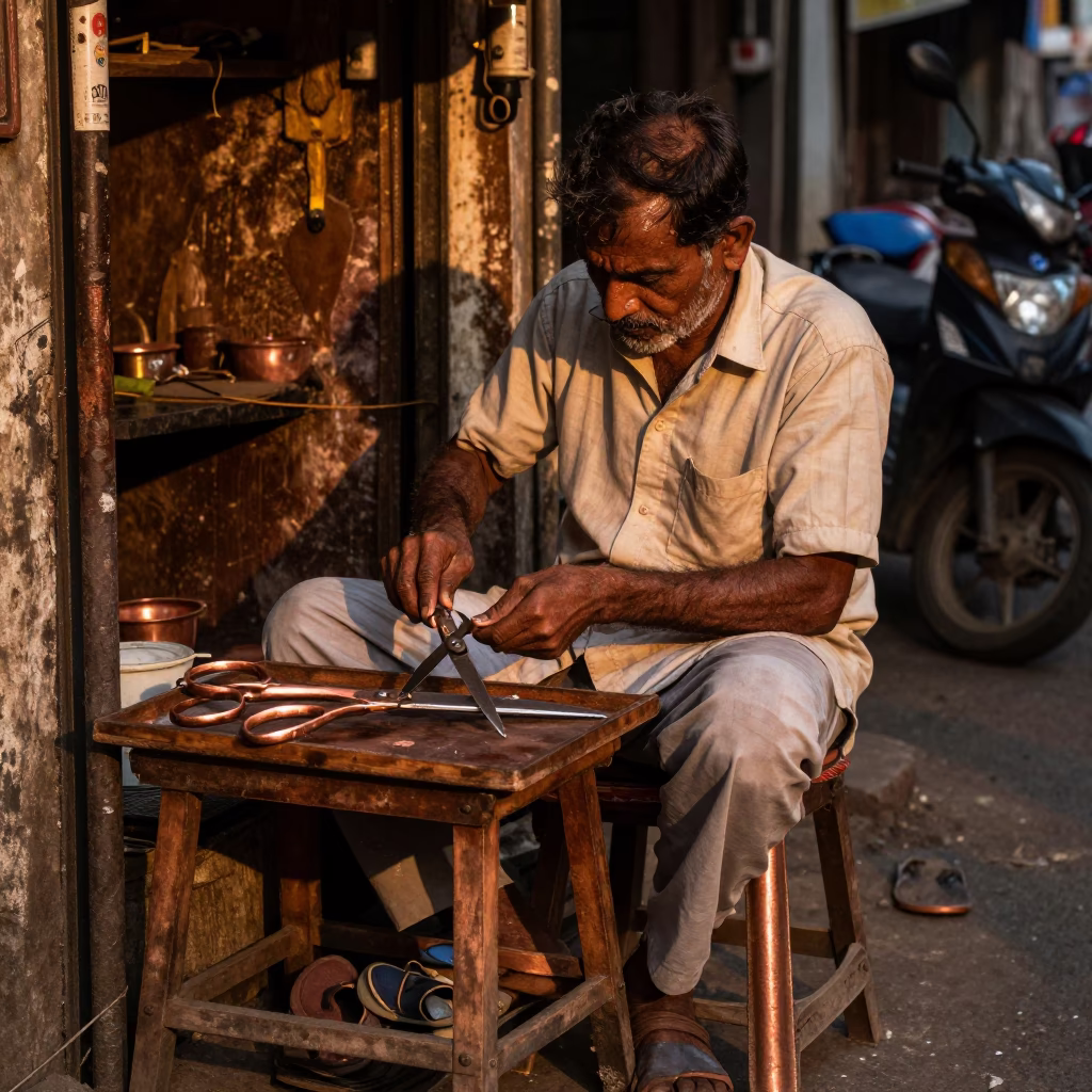 Mumbai Street Vendor Tailor Shears and Slippers in Copper Toned Dusk Light in in Mumbai, India