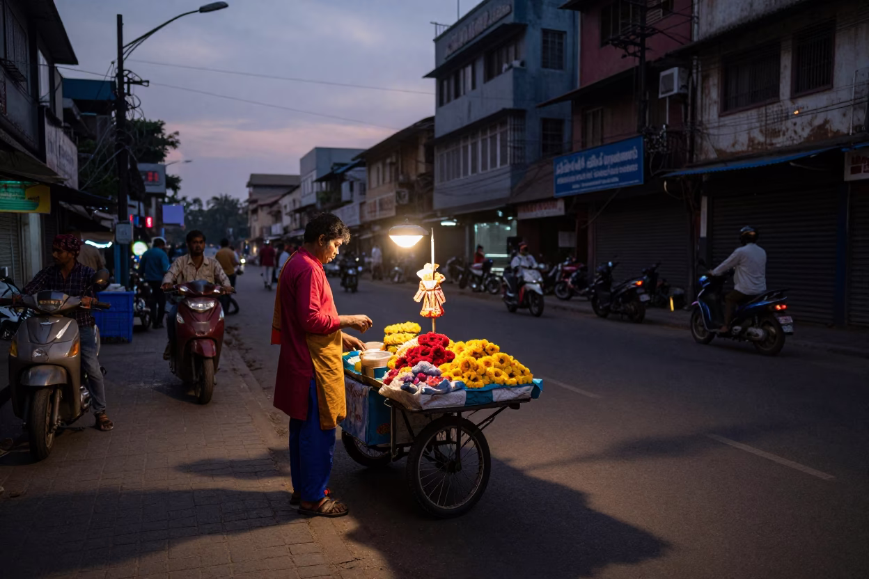 Mumbai Street Vendor Twilight Scene with Colorful Attire and Street Life in in Mumbai, India