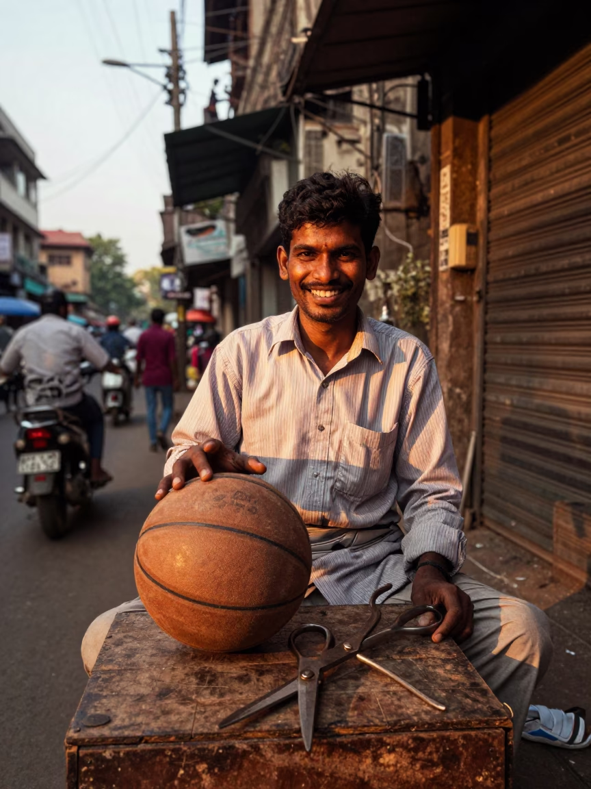 Mumbai street vendor with vintage basketball and tailor shears at golden hour in in Mumbai, India