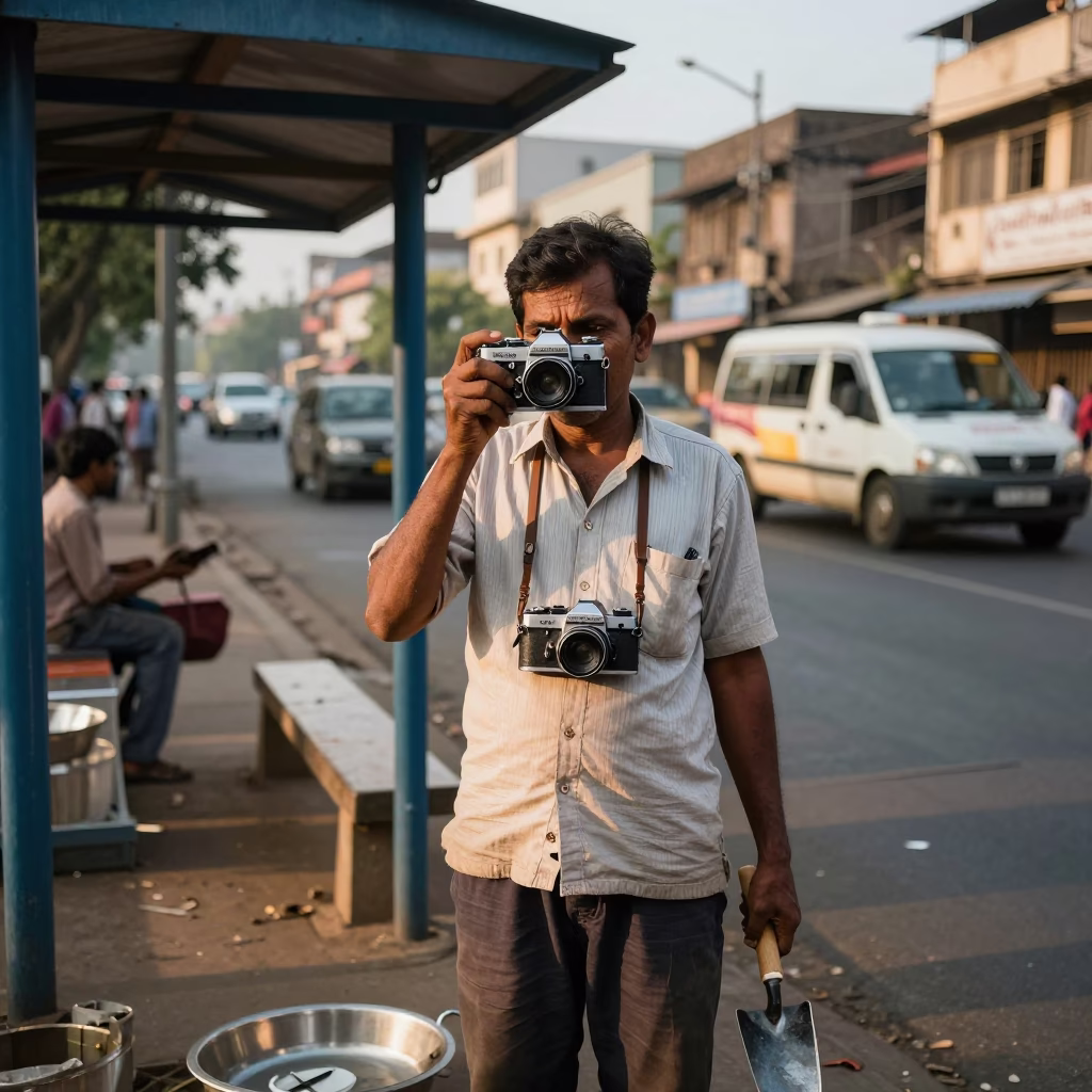 Mumbai Street Vendor with Vintage Camera and Trowel in Late Afternoon Light in in Mumbai, India