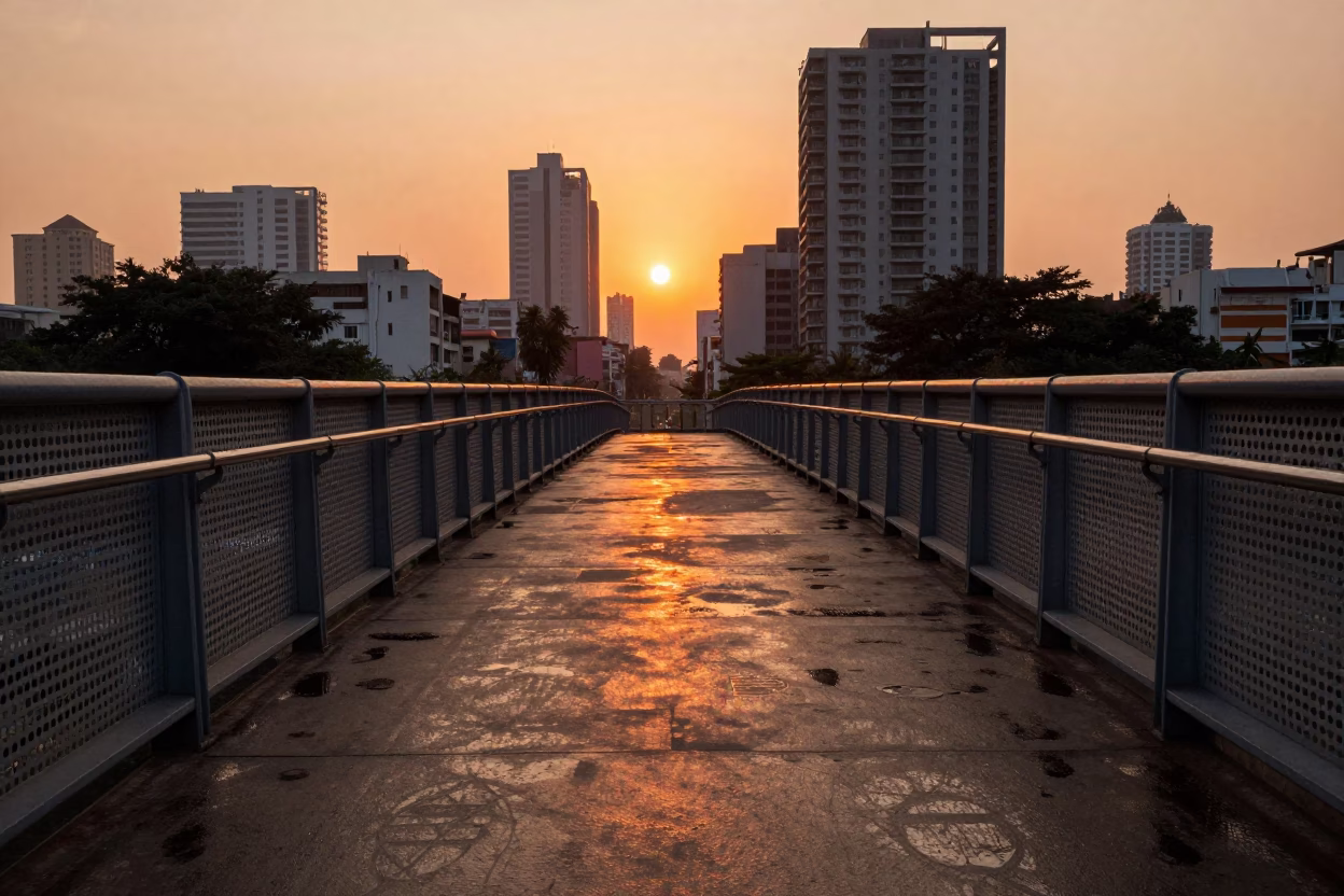 Mumbai Sunset Pedestrian Overpass Wet Footsteps Perforated Metal Urban Life in in Mumbai, India