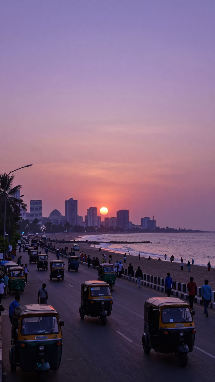 Mumbai Sunset Skyline Over Arabian Sea With Coastal Street Life in in Mumbai, India