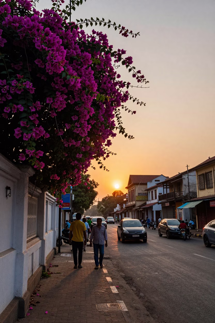 Mumbai Sunset Street Scene with Bougainvillea and Evening Commuters in in Mumbai, India