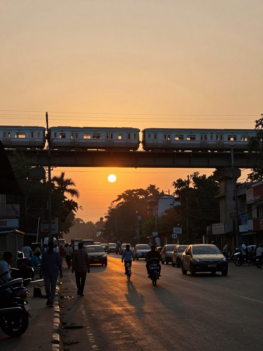 Mumbai Sunset Street Scene with Commuter Train Bridge and Local Street Food in in Mumbai, India