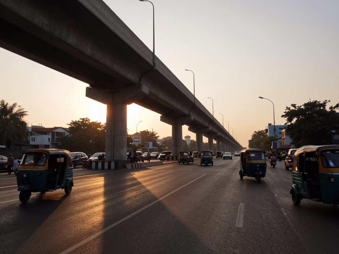 Mumbai sunset street scene with concrete viaduct shadow and local market activity in in Mumbai, India