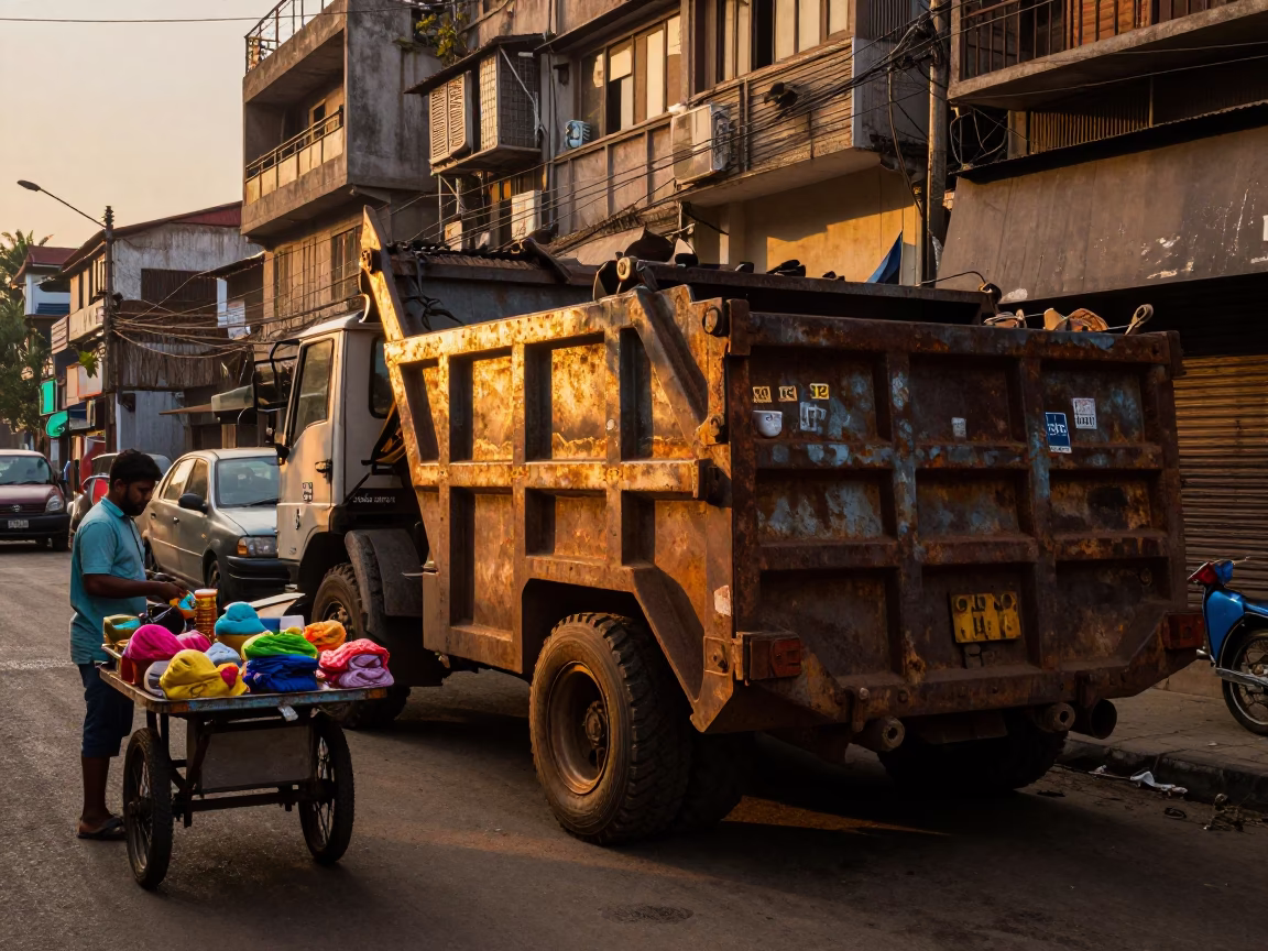 Mumbai Sunset Street Scene with Demolition Dumpster and Vintage Majolica Plate in in Mumbai, India