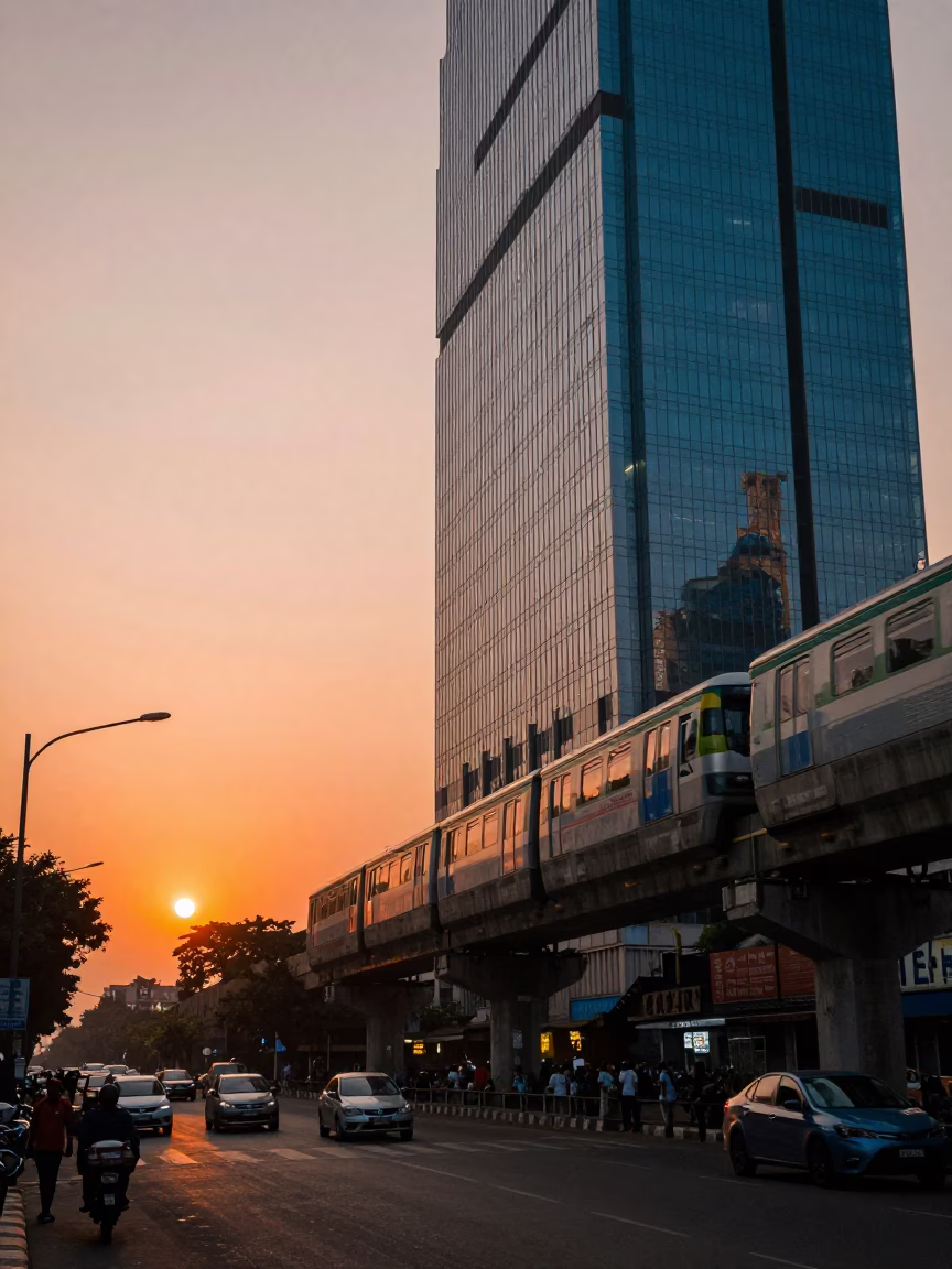 Mumbai Sunset Street Scene with Monorail Reflection and Local Market Activity in in Mumbai, India
