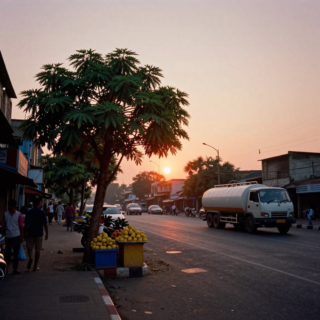 Mumbai Sunset Street Scene with Papaya Tree and Tanker Ship in Background in in Mumbai, India