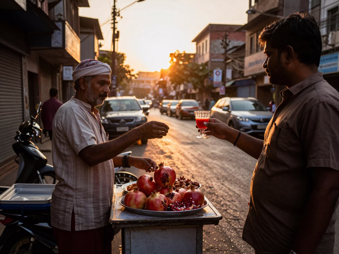 Mumbai Sunset Street Scene with Pomegranate Vendor and Traditional Goblet in in Mumbai, India