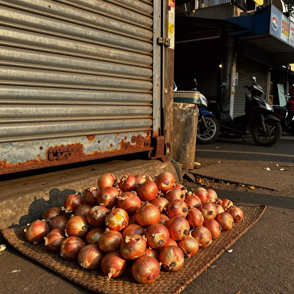 Mumbai Sunset Street Scene with Rusty Metal and Onions in in Mumbai, India