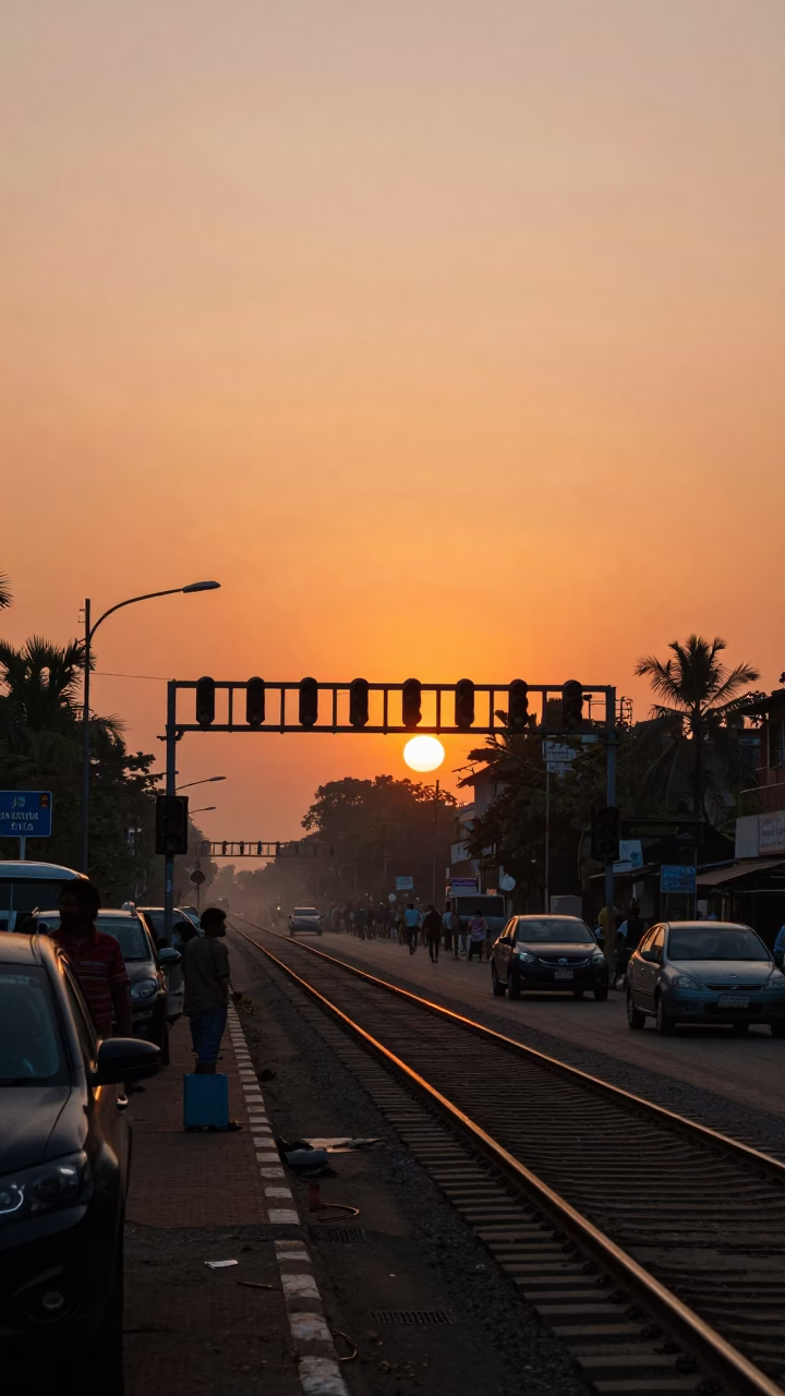 Mumbai sunset street scene with signal gantry and rail lines in mist in in Mumbai, India